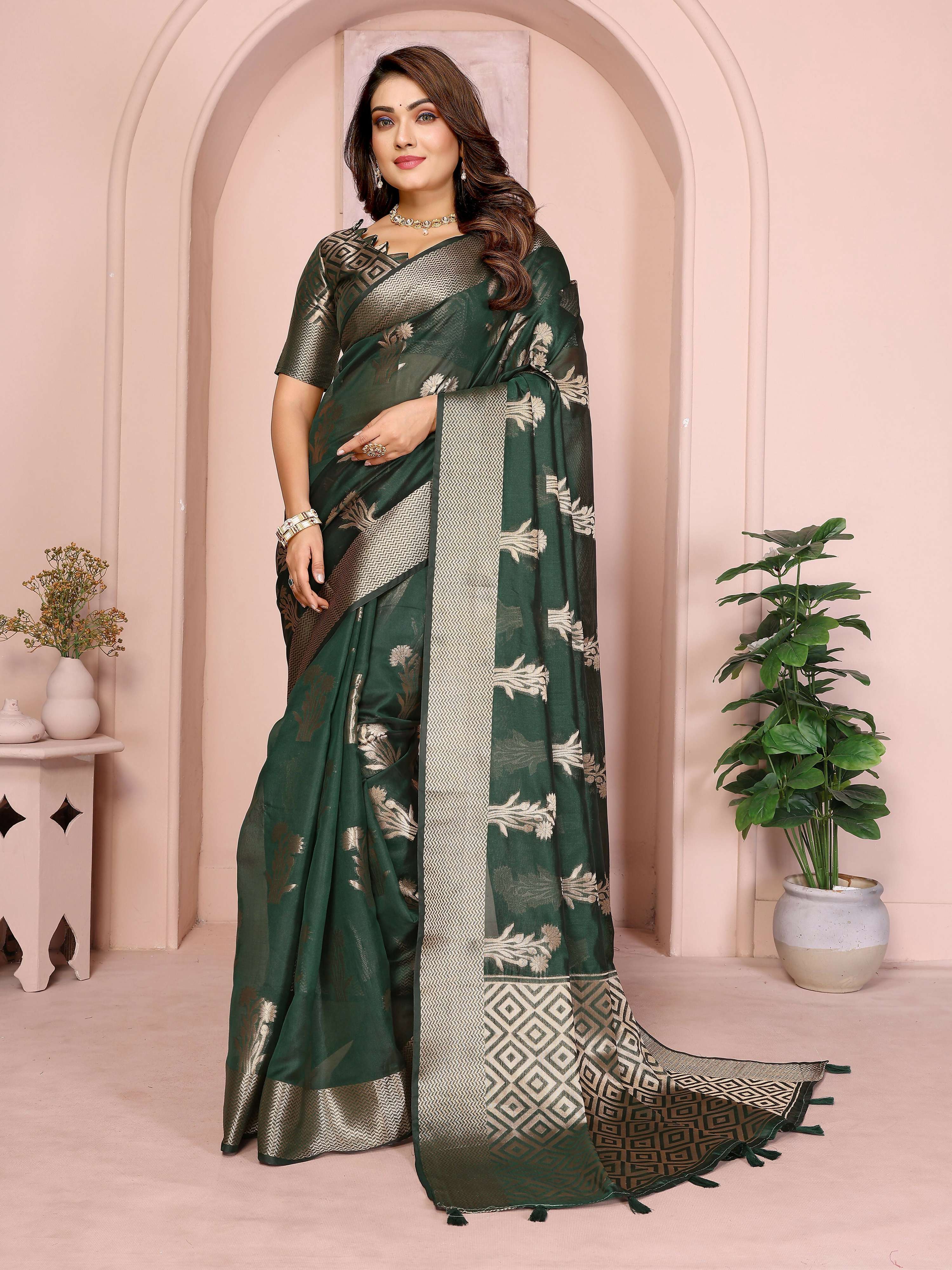 Aastha Fashion Dark Green Soft Organza Silk Weaving Saree - Distacart