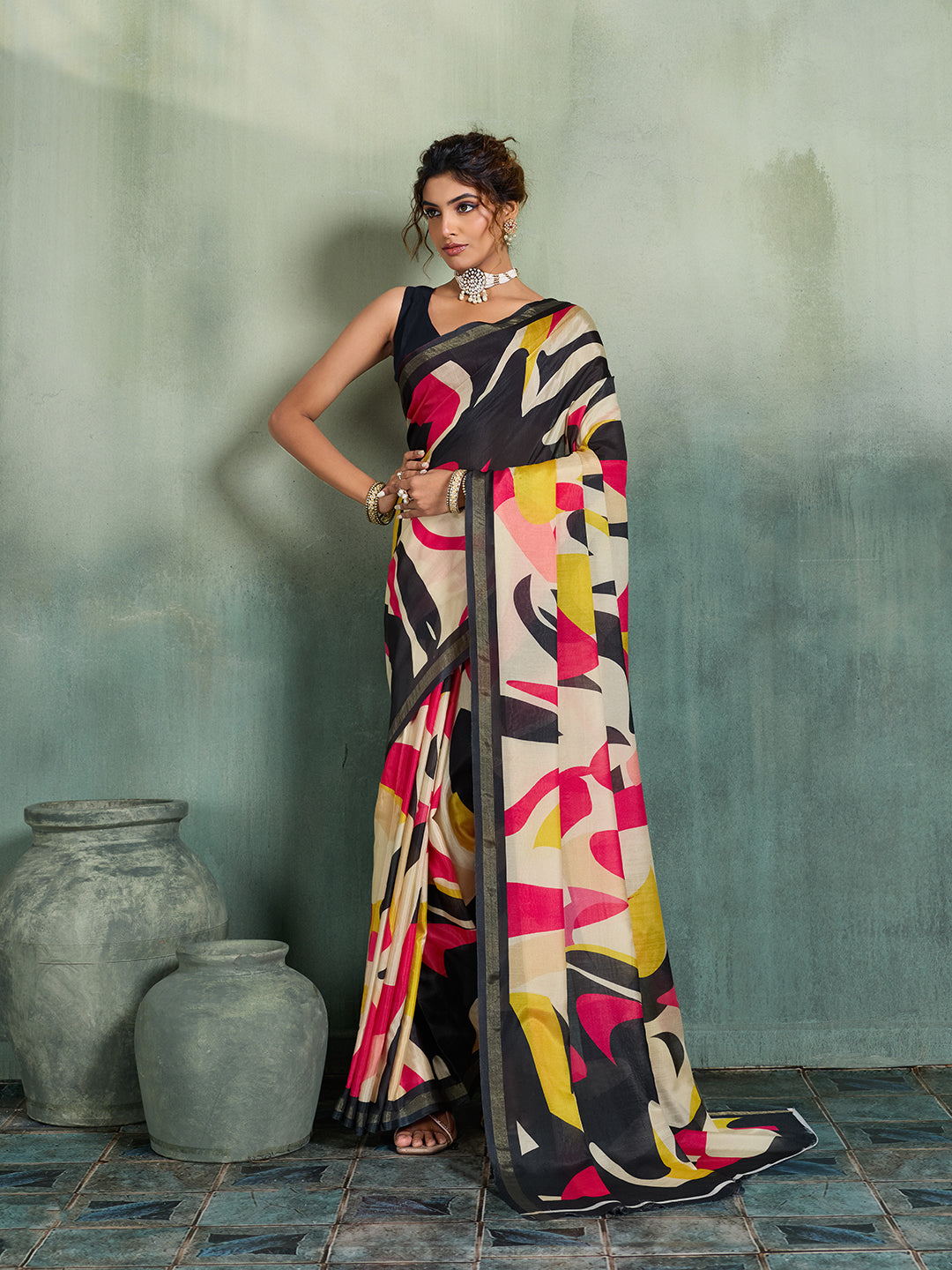 Dwija Fashion Black Printed Cotton Saree With Blouse