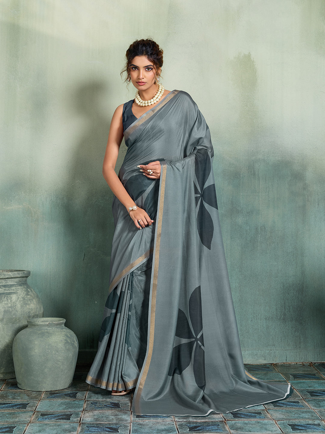 Dwija Fashion Grey Printed Cotton Saree With Blouse