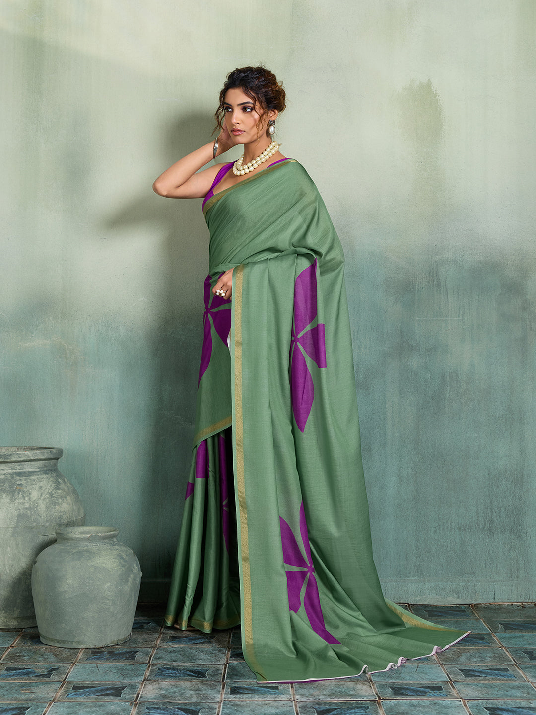 Dwija Fashion Green Printed Cotton Saree With Blouse