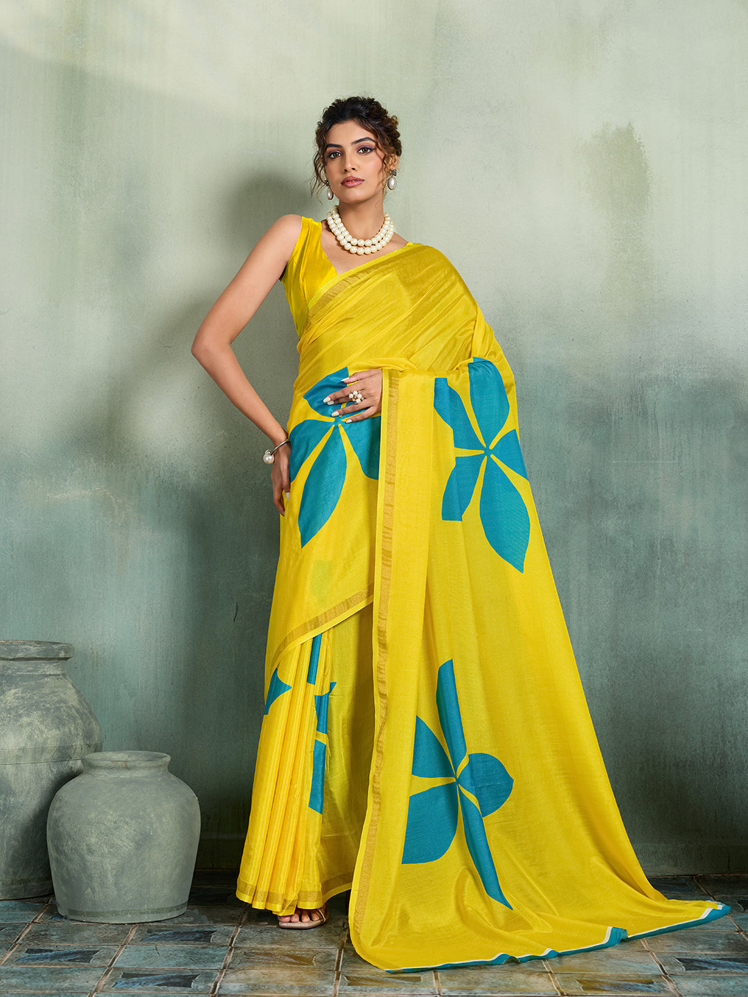 Dwija Fashion Yellow Printed Cotton Saree With Blouse