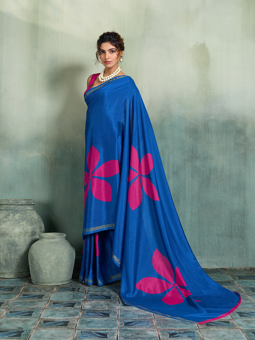 Dwija Fashion Blue Printed Cotton Saree With Blouse