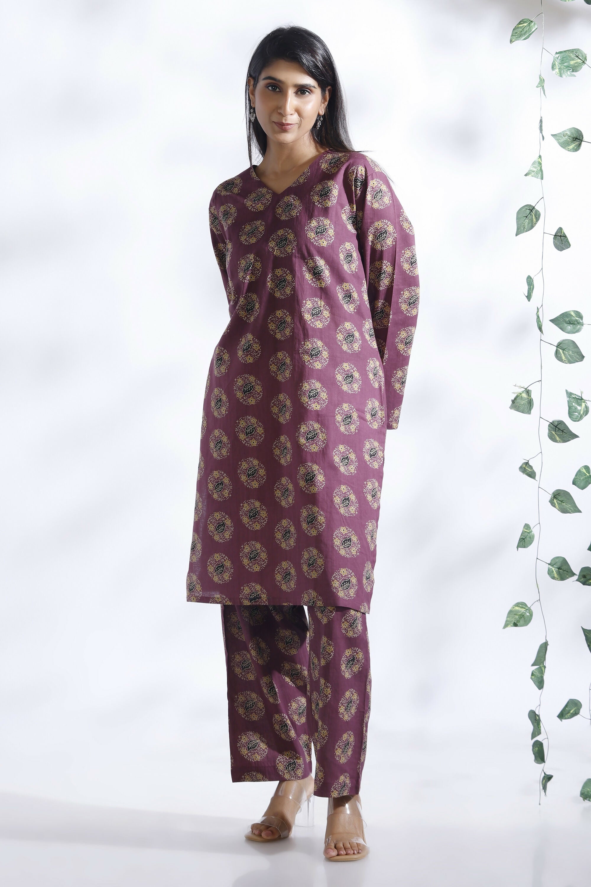 Breathables Wine Butta Print Cotton Kurta & Pants Set - Dista