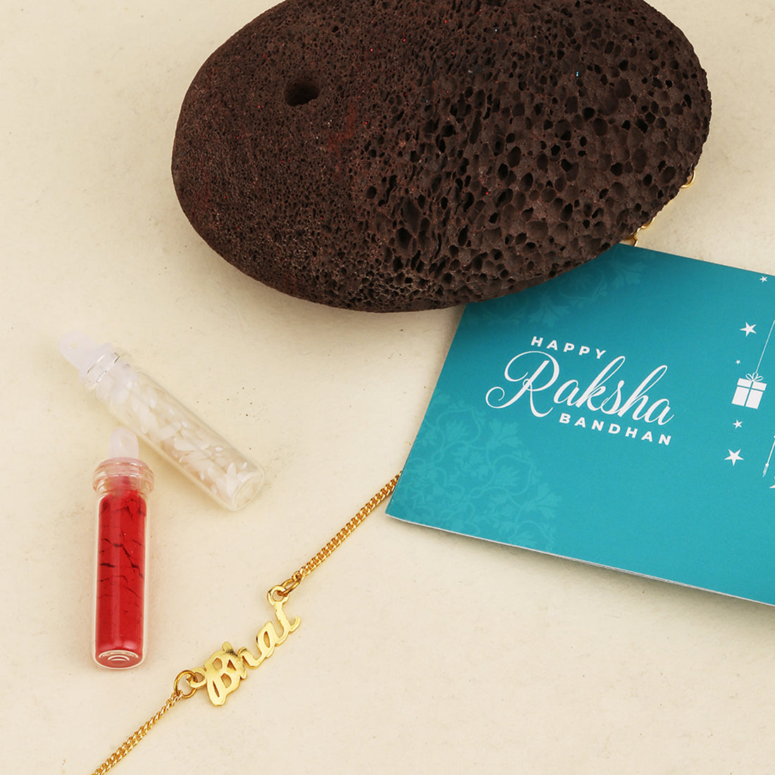 trueBrowns X Voylla Gold-Toned 'Bhai' Bracelet Rakhi With Roli Chaawal Pack - Distacart