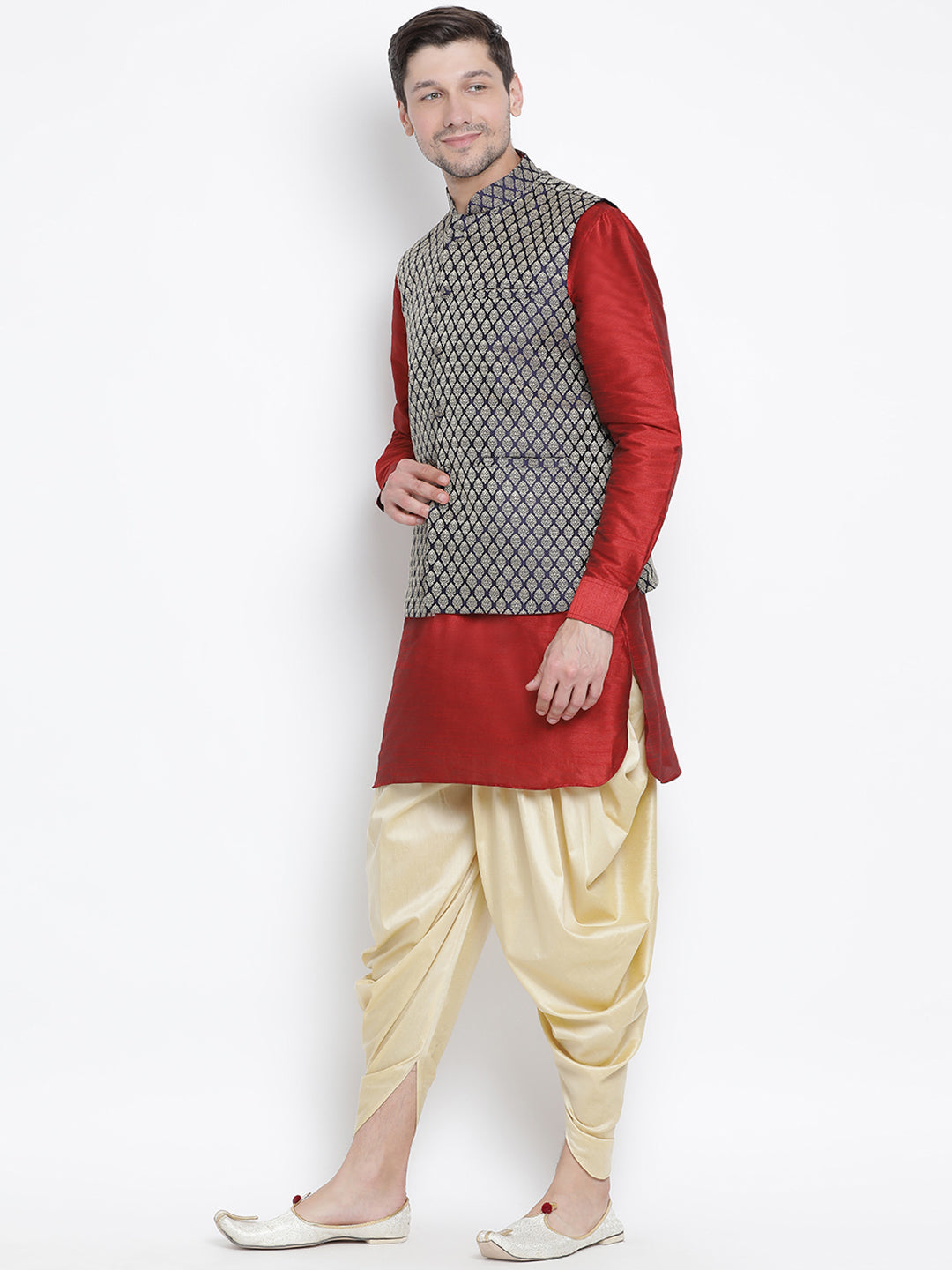 VM by Vastramay Men's Maroon Silk Blend Jacket, Kurta And Dhoti Set - Distacart