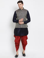 Thumbnail for VM by Vastramay Men's Dark Blue Silk Blend Jacket, Kurta And Dhoti Set - Distacart