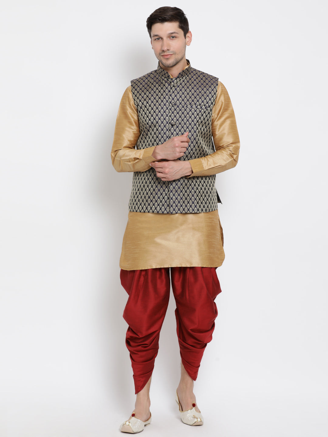 VM by Vastramay Men's Gold Silk Blend Jacket, Kurta And Dhoti Set - Distacart