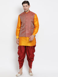 Thumbnail for VM by Vastramay Men's Orange Silk Blend Jacket, Kurta And Dhoti Set - Distacart