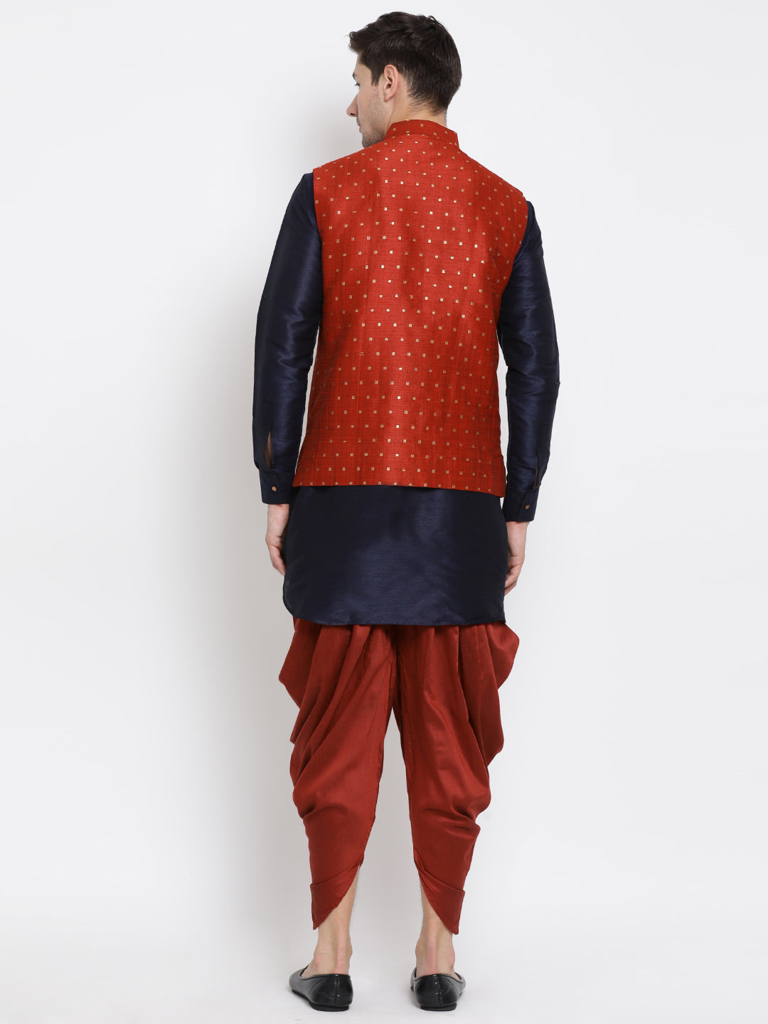 VM by Vastramay Men's Deep Blue Silk Blend Jacket, Kurta And Dhoti Set - Distacart