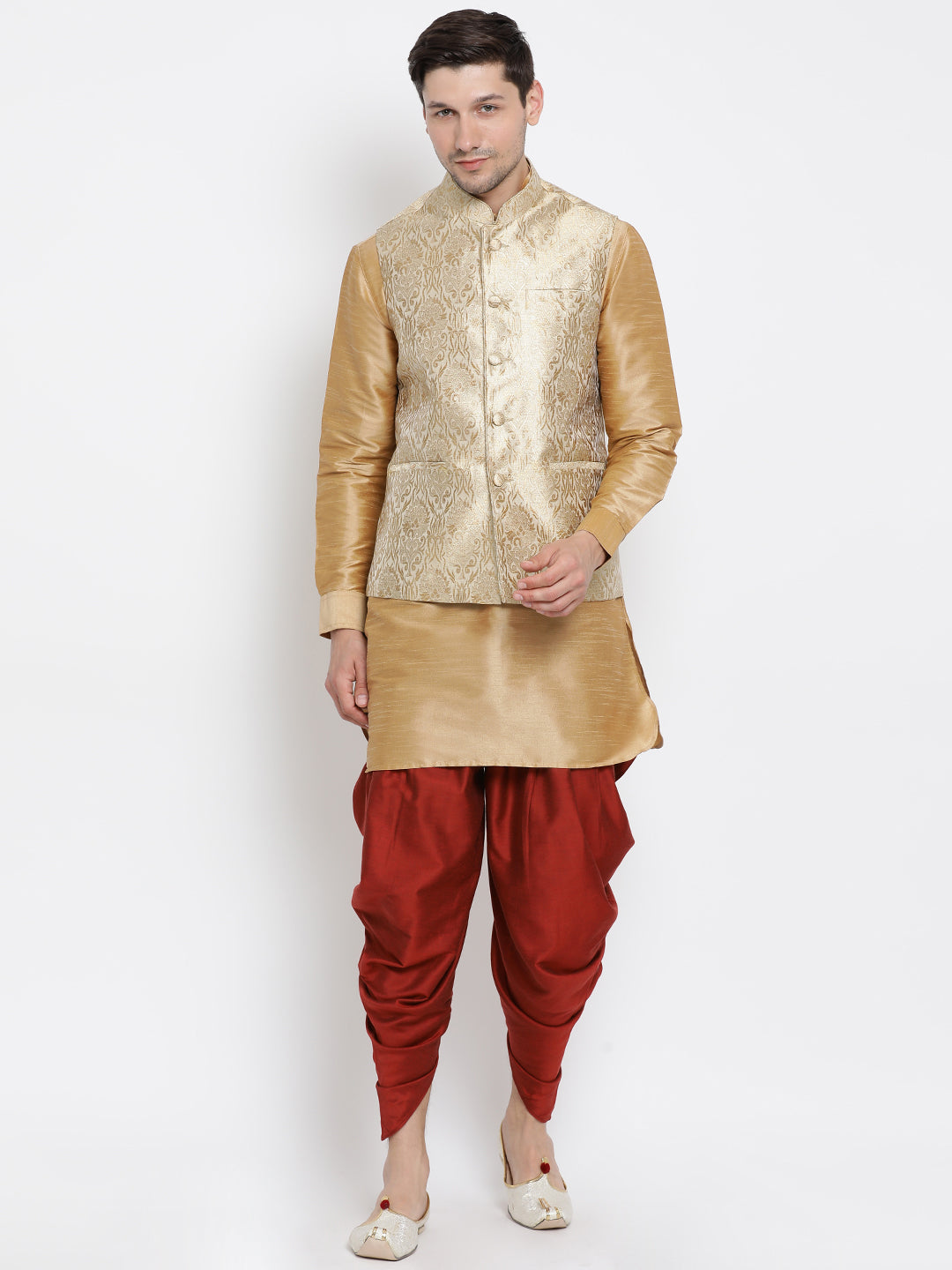 VM by Vastramay Men's Gold Silk Blend Jacket, Kurta And Dhoti Set - Distacart