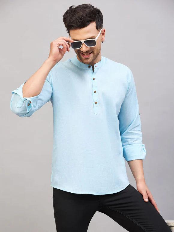 Fabmade Men Blue Solid Short Kurta