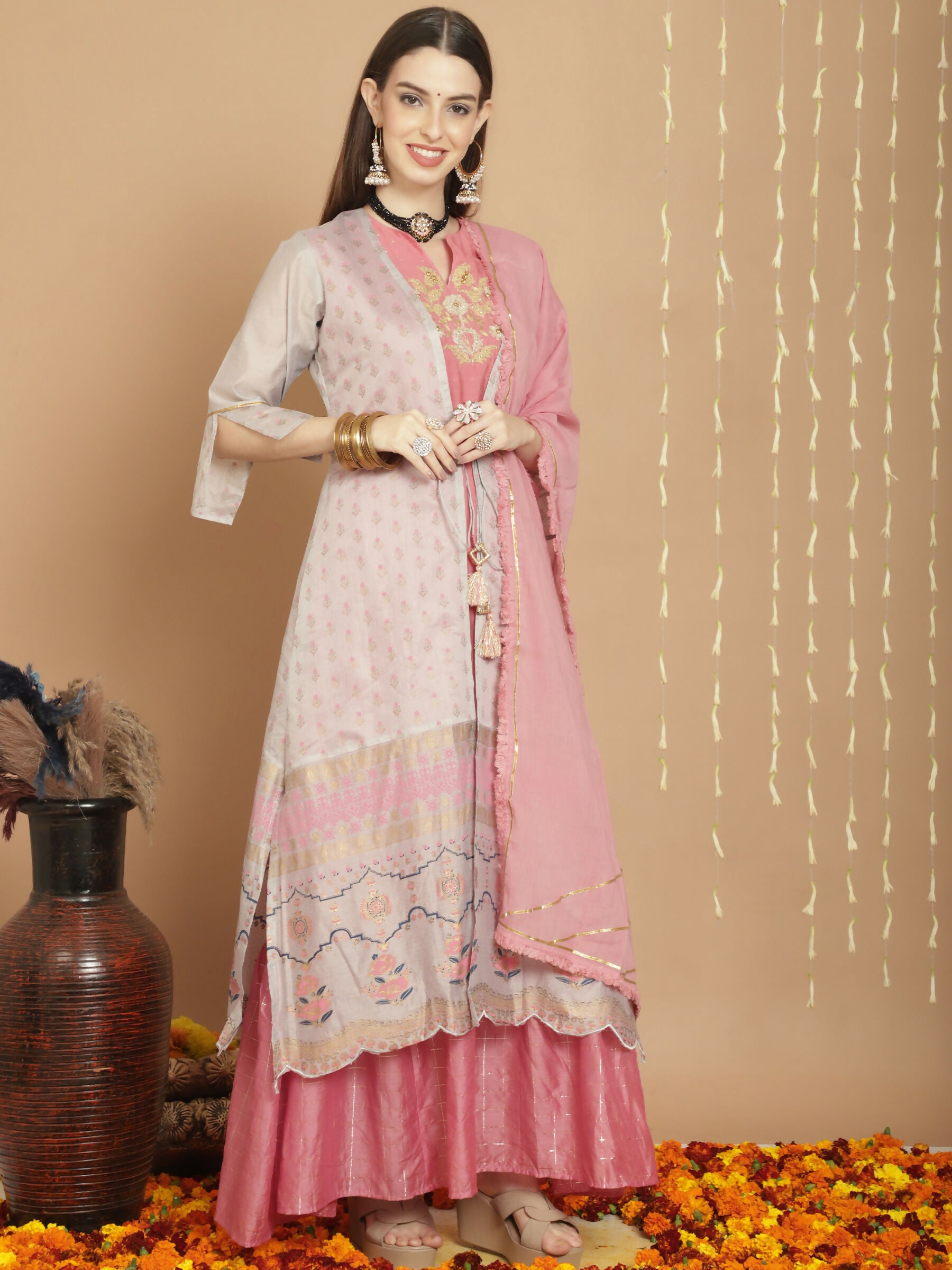 Jyoti Fashion Women's Grey Chanderi Silk Elegant Jardoshi Semi Kurta with Trouser & Dupatta - Distacart