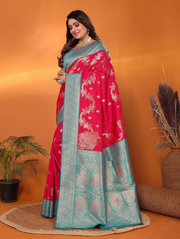 Joban Fashion Banarasi Red Woven Soft Silk Saree