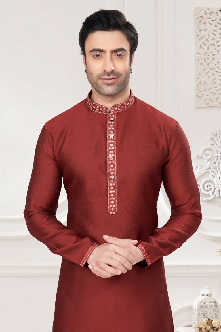 Functional Designer Men's Red Jacquard Kurta With Pant - Rudra - Distacart
