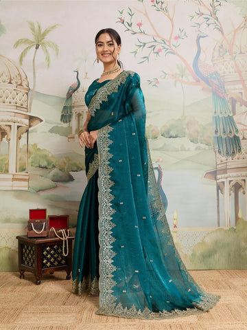 Dwija Fashion Teal Blue Party Wear Embroidered Jimmy Choo Organza Saree With Unstitched Blouse - Dista