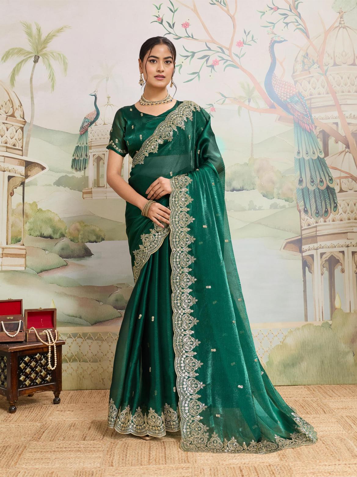 Dwija Fashion Green Party Wear Embroidered Jimmy Choo Organza Saree With Unstitched Blouse - Dista