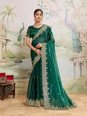 Dwija Fashion Green Party Wear Embroidered Jimmy Choo Organza Saree With Unstitched Blouse - Dista