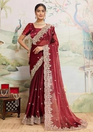 Dwija Fashion Maroon Party Wear Embroidered Jimmy Choo Organza Saree With Unstitched Blouse - Dista