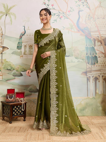 Dwija Fashion Green Party Wear Embroidered Jimmy Choo Organza Saree With Unstitched Blouse - Dista