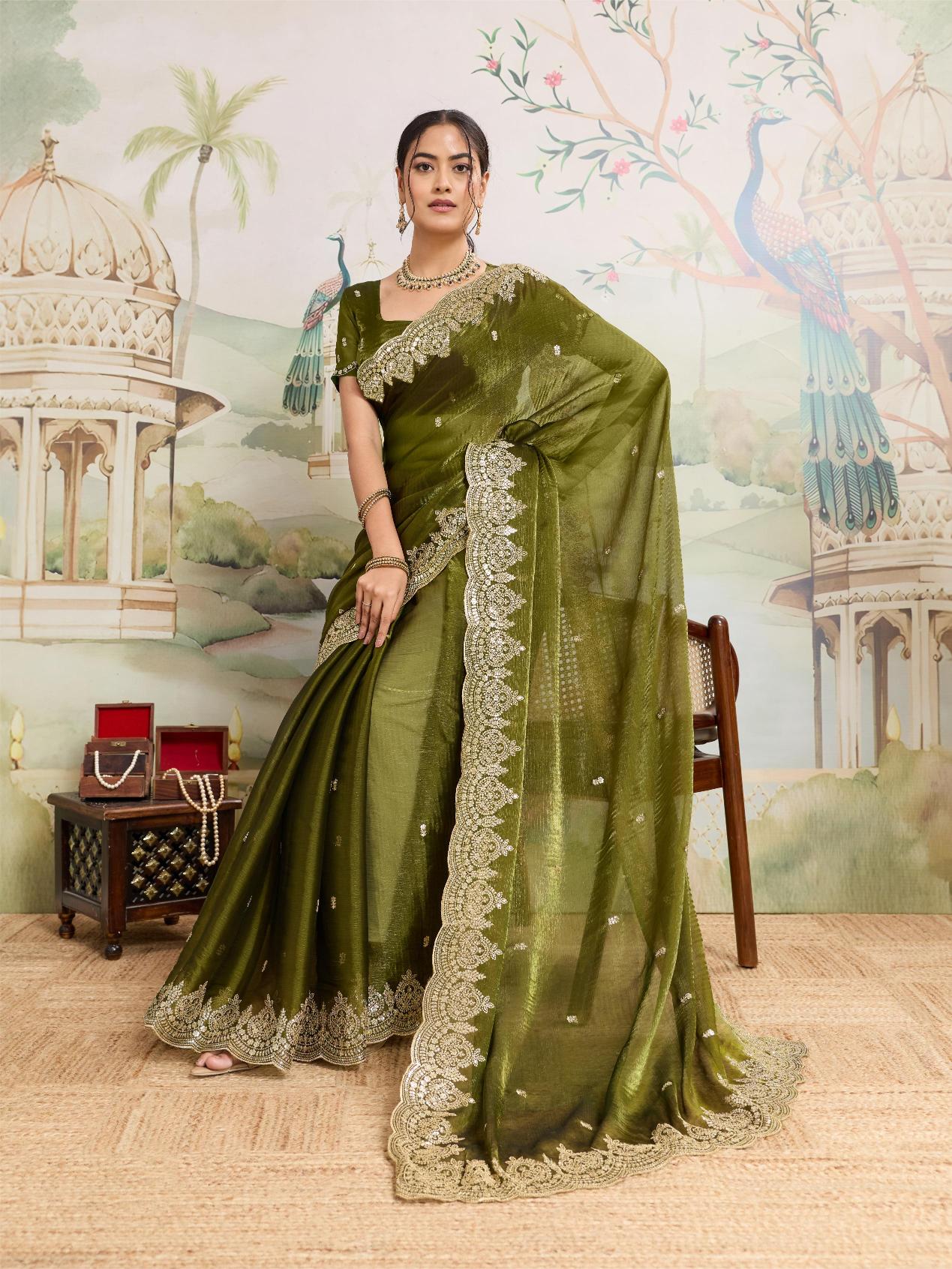 Dwija Fashion Green Party Wear Embroidered Jimmy Choo Organza Saree With Unstitched Blouse - Dista