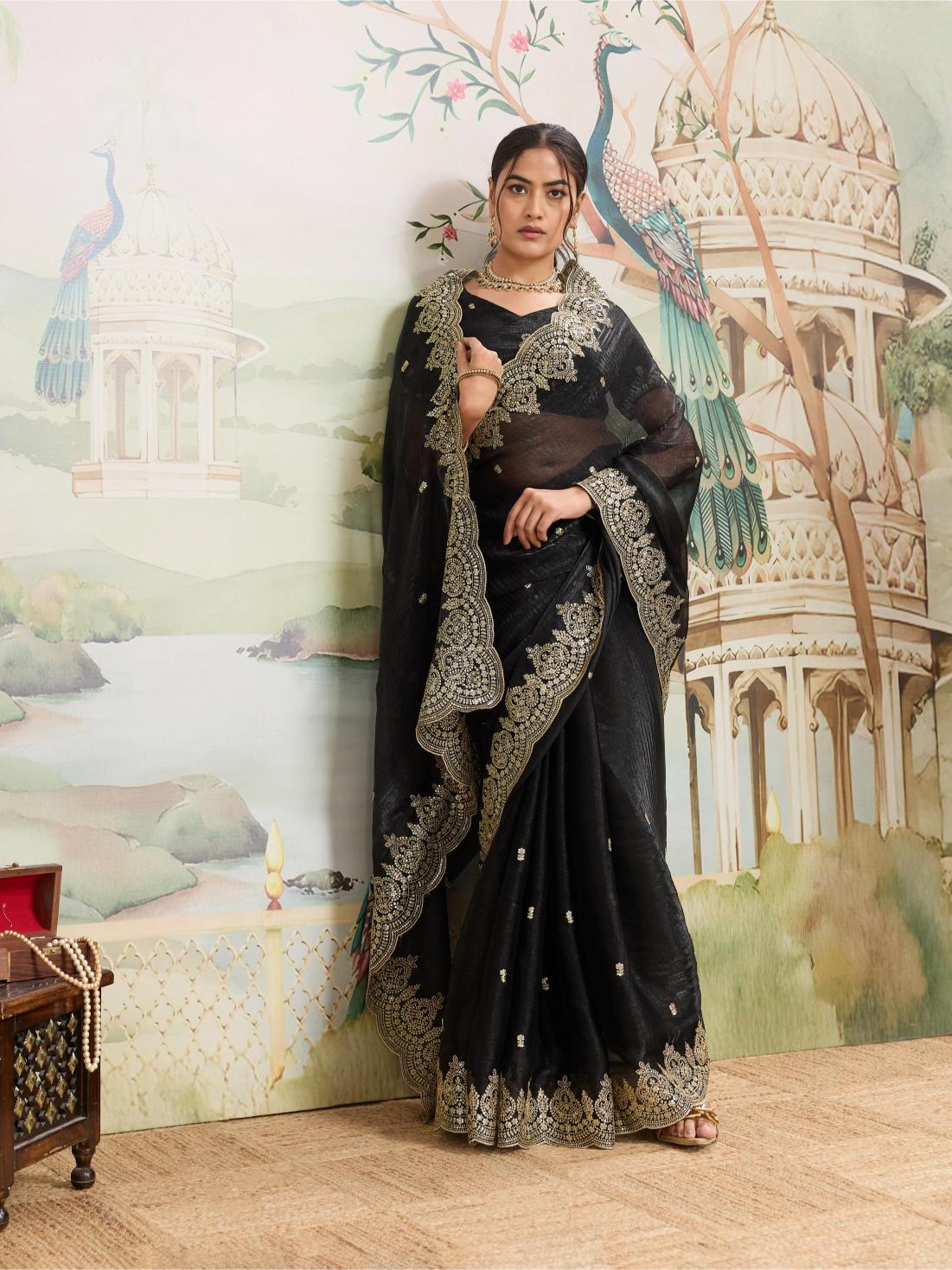 Dwija Fashion Black Party Wear Embroidered Jimmy Choo Organza Saree With Unstitched Blouse - Dista