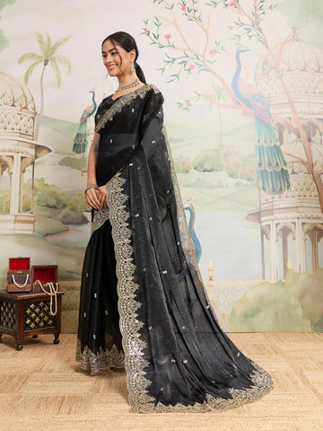 Dwija Fashion Black Party Wear Embroidered Jimmy Choo Organza Saree With Unstitched Blouse - Dista