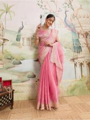 Dwija Fashion Pink Party Wear Embroidered Jimmy Choo Organza Saree With Unstitched Blouse - Dista