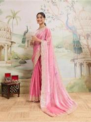 Dwija Fashion Pink Party Wear Embroidered Jimmy Choo Organza Saree With Unstitched Blouse