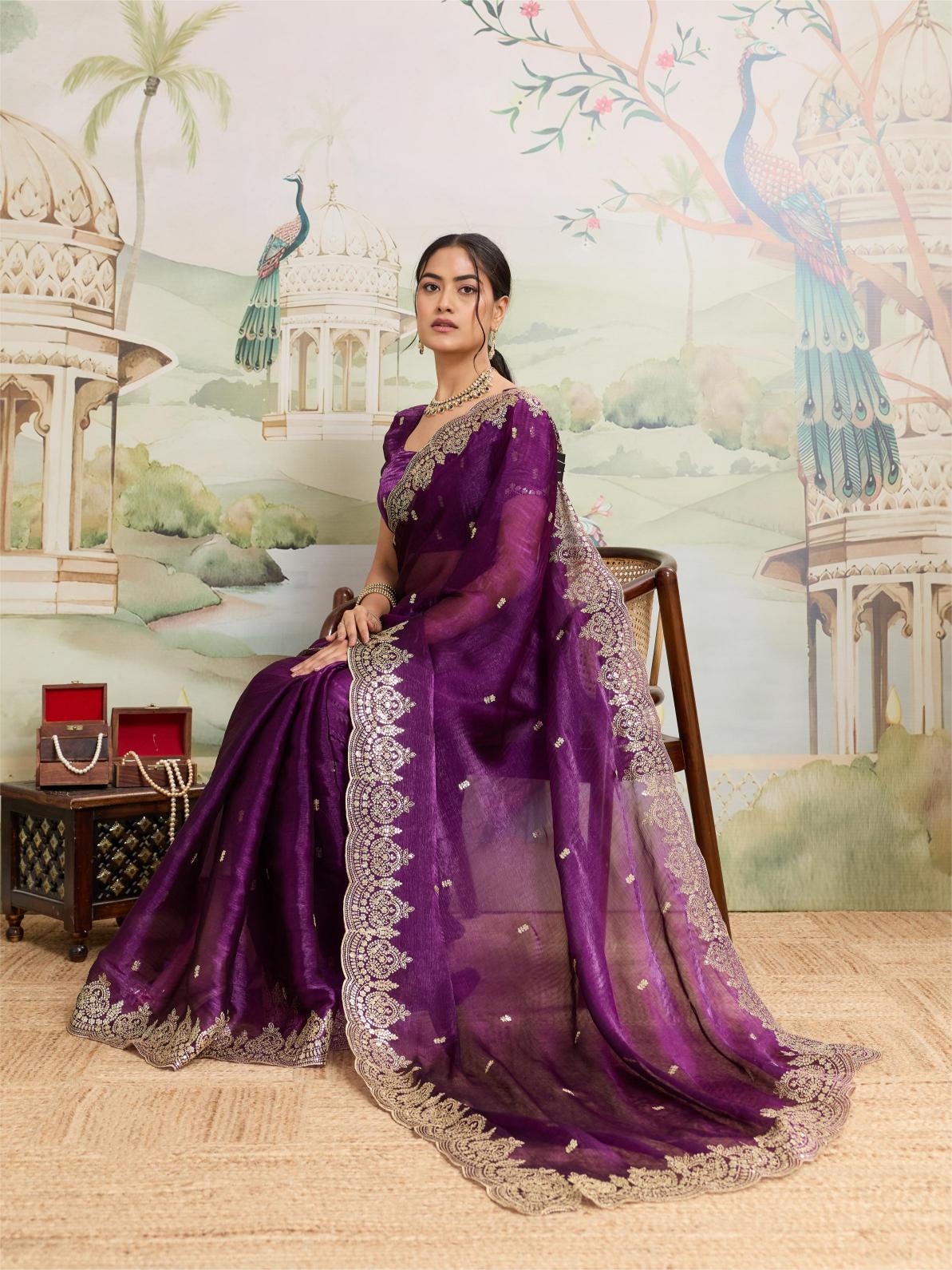 Dwija Fashion Purple Party Wear Embroidered Jimmy Choo Organza Saree With Unstitched Blouse - Dista