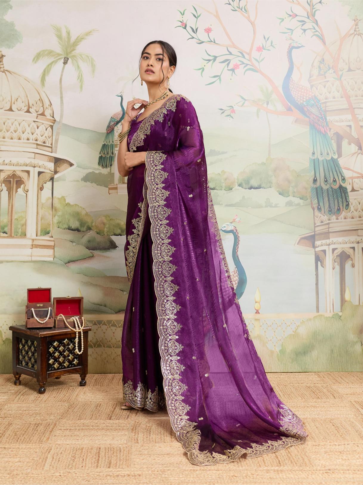 Dwija Fashion Purple Party Wear Embroidered Jimmy Choo Organza Saree With Unstitched Blouse - Dista