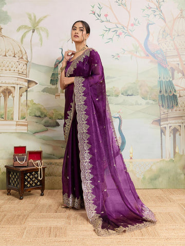 Dwija Fashion Purple Party Wear Embroidered Jimmy Choo Organza Saree With Unstitched Blouse - Dista