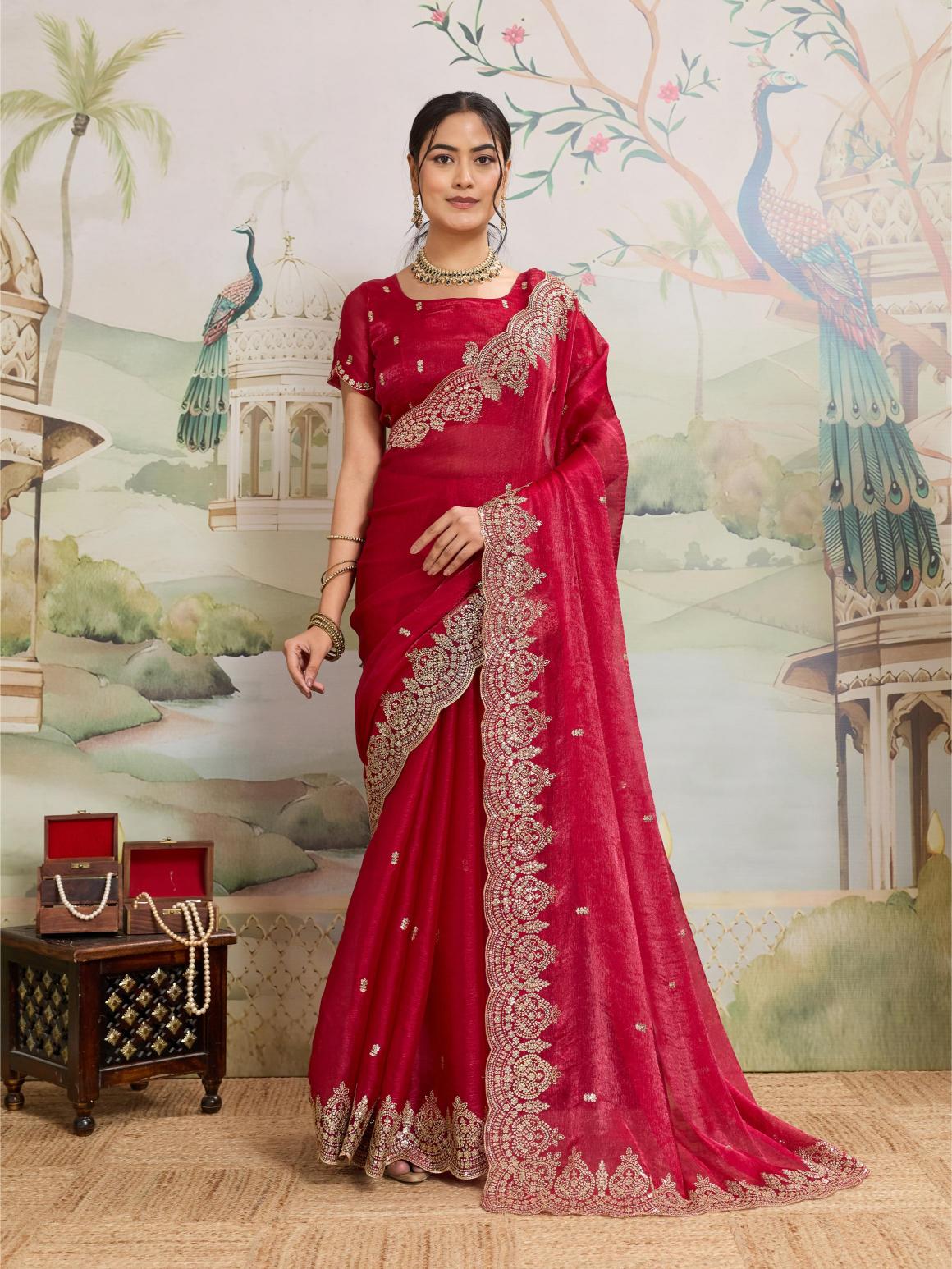 Dwija Fashion Red Party Wear Embroidered Jimmy Choo Organza Saree With Unstitched Blouse - Dista