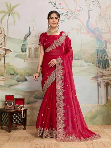 Dwija Fashion Red Party Wear Embroidered Jimmy Choo Organza Saree With Unstitched Blouse - Dista