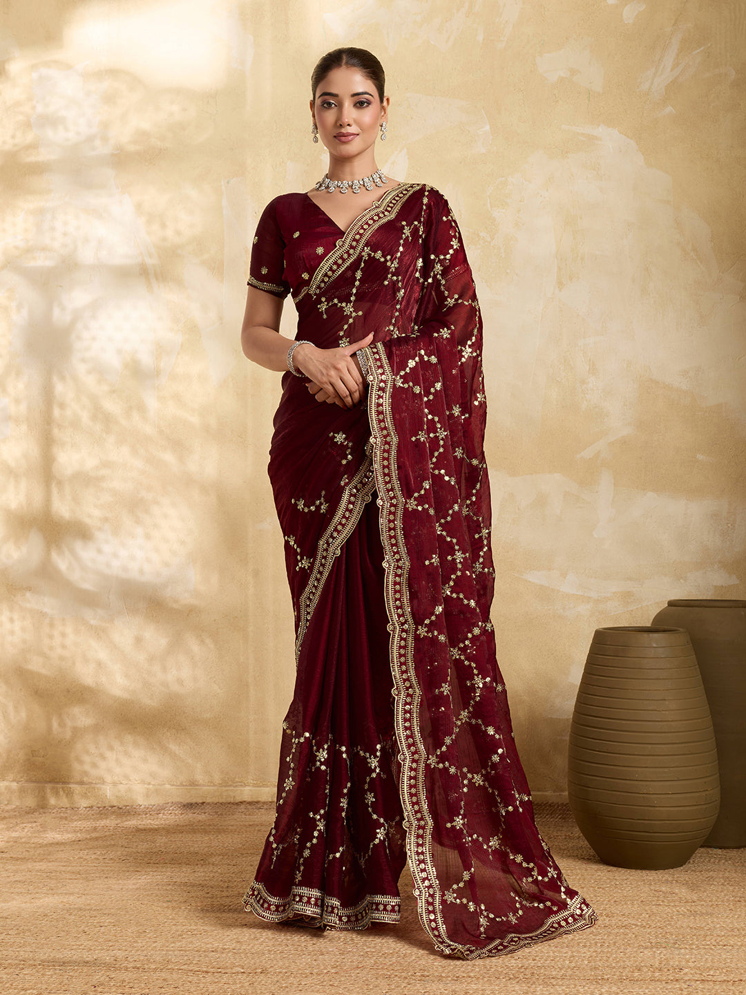 Dwija Fashion Maroon Party Wear Embroidered Jimmy Choo Saree With Unstitched Blouse - Dista