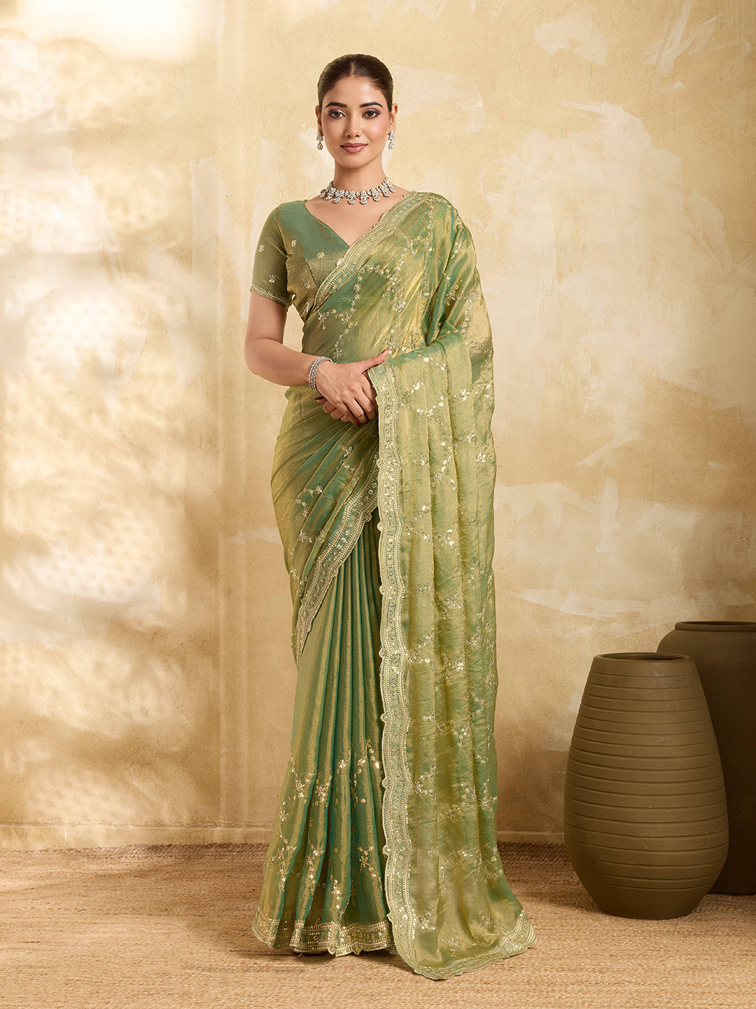 Dwija Fashion Mint Green Party Wear Embroidered Jimmy Choo Saree With Unstitched Blouse - Dista