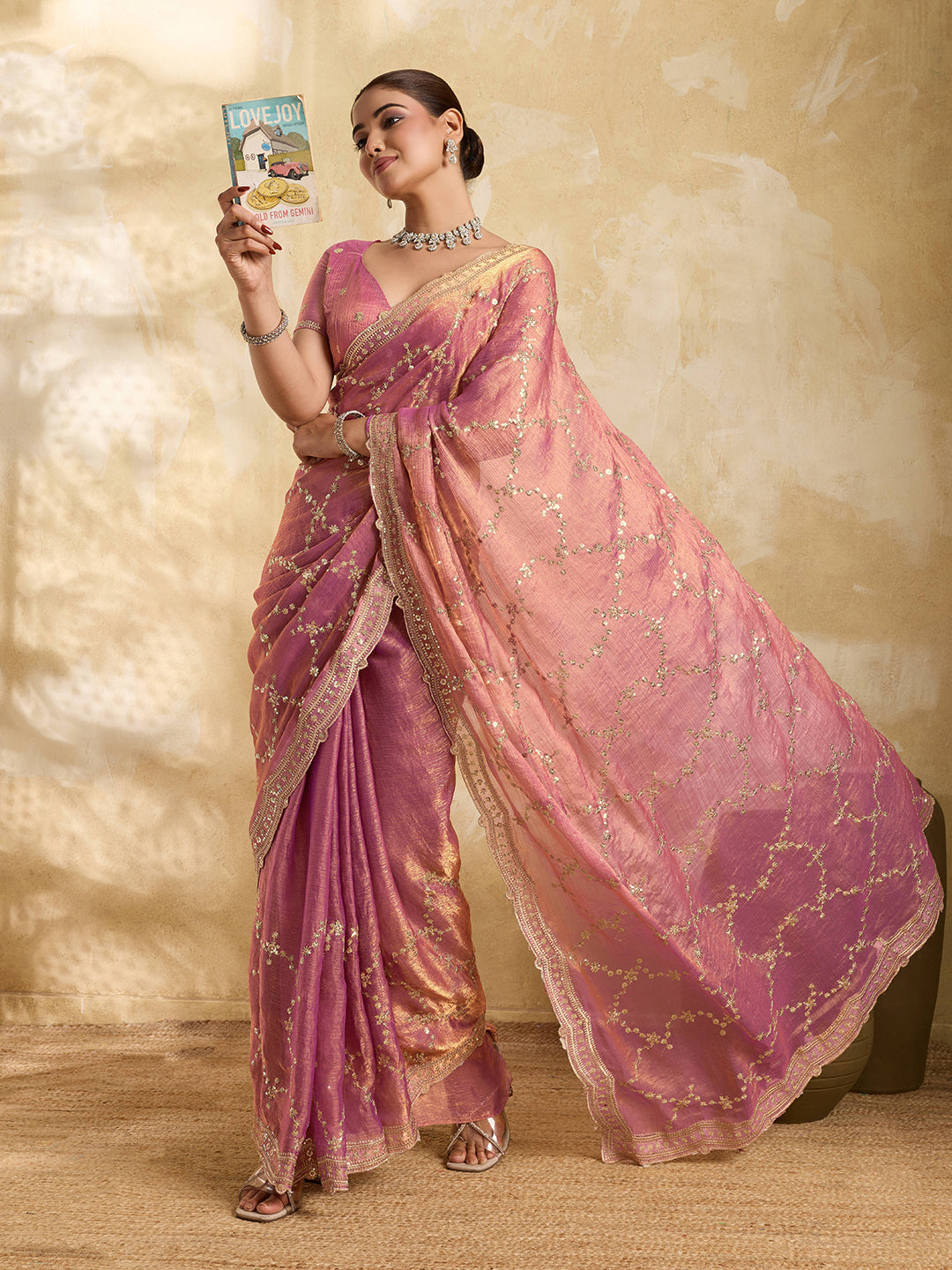 Dwija Fashion Pink Party Wear Embroidered Jimmy Choo Saree With Unstitched Blouse - Dista