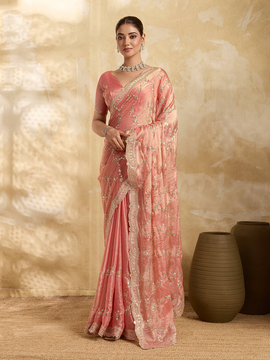 Dwija Fashion Peach Party Wear Embroidered Jimmy Choo Saree With Unstitched Blouse - Dista