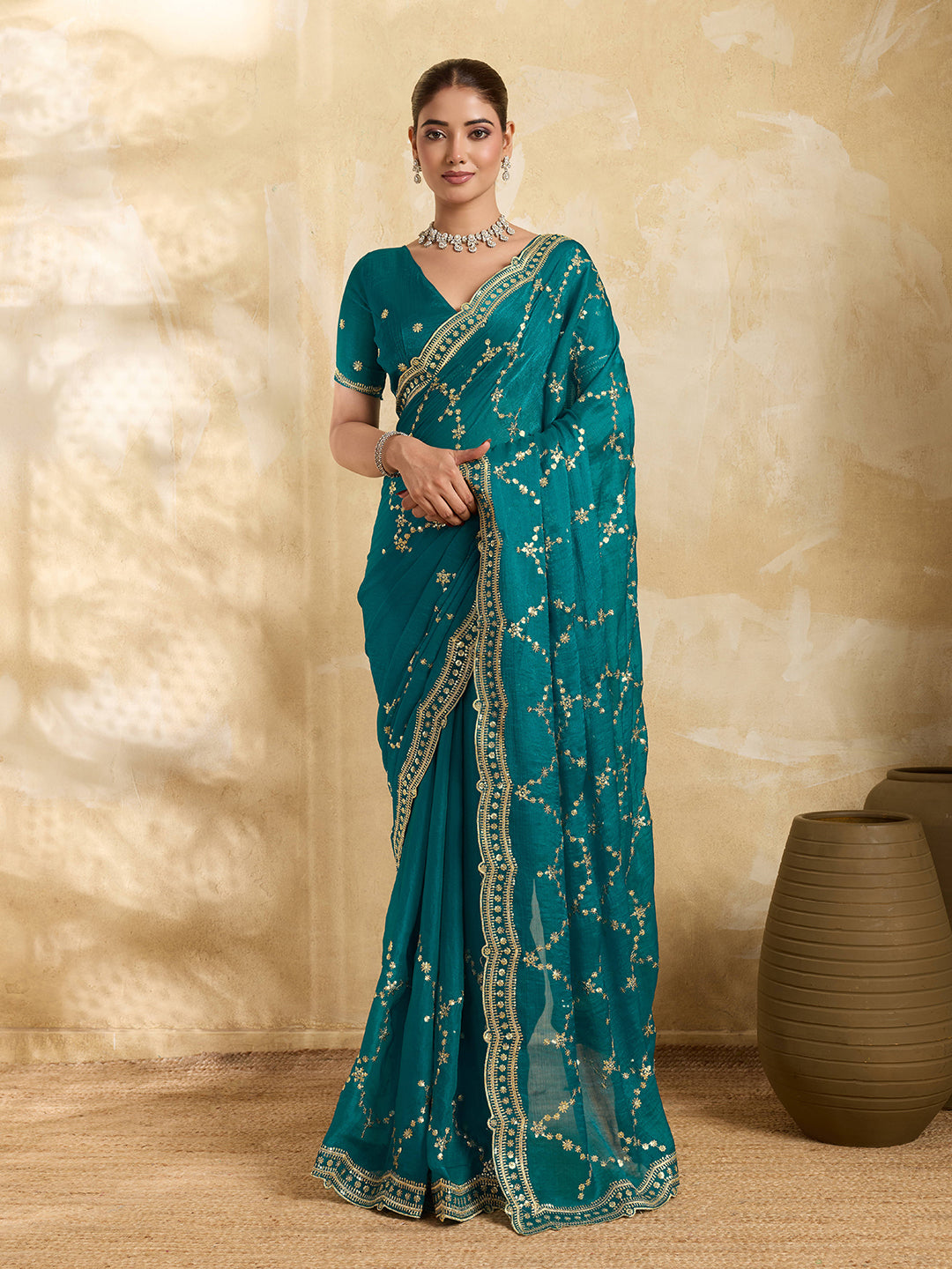 Dwija Fashion Teal Blue Party Wear Embroidered Jimmy Choo Saree With Unstitched Blouse - Dista