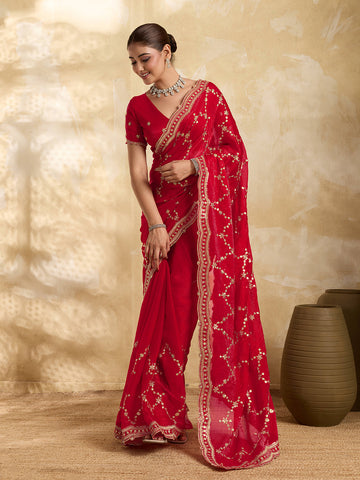 Dwija Fashion Red Party Wear Embroidered Jimmy Choo Saree With Unstitched Blouse - Dista