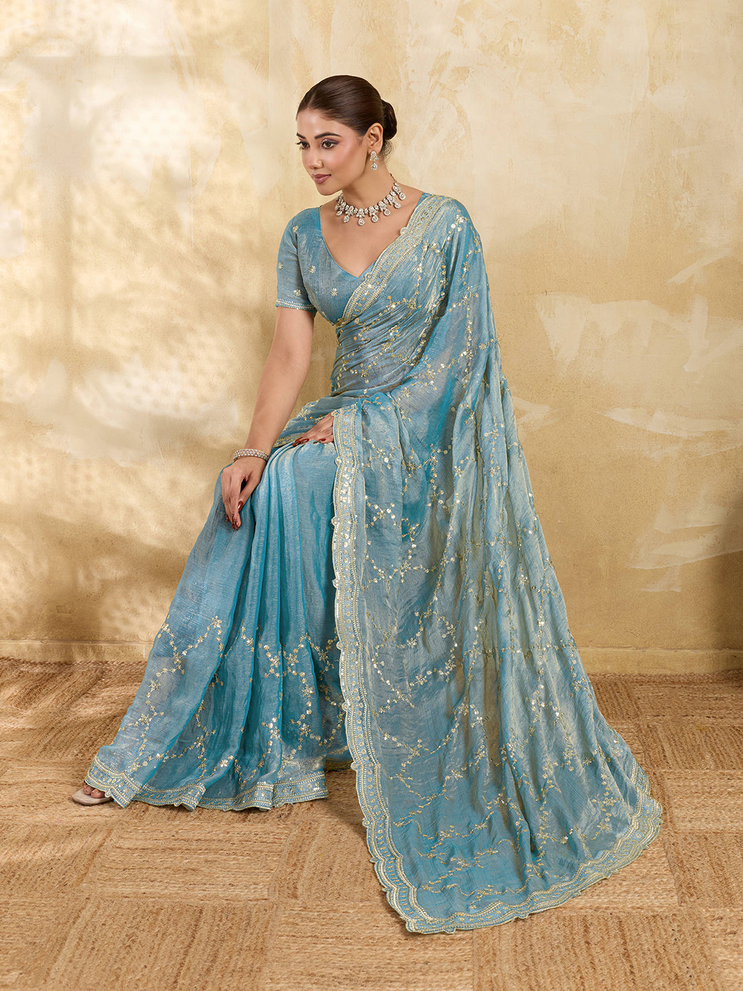 Dwija Fashion Sky Blue Party Wear Embroidered Jimmy Choo Saree With Unstitched Blouse - Dista