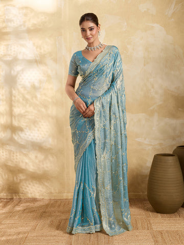 Dwija Fashion Sky Blue Party Wear Embroidered Jimmy Choo Saree With Unstitched Blouse - Dista