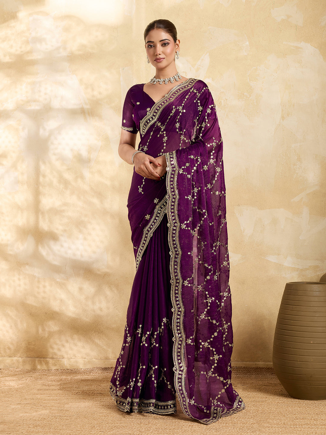 Dwija Fashion Wine Party Wear Embroidered Jimmy Choo Saree With Unstitched Blouse - Dista