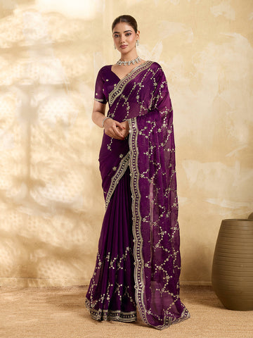Dwija Fashion Wine Party Wear Embroidered Jimmy Choo Saree With Unstitched Blouse - Dista