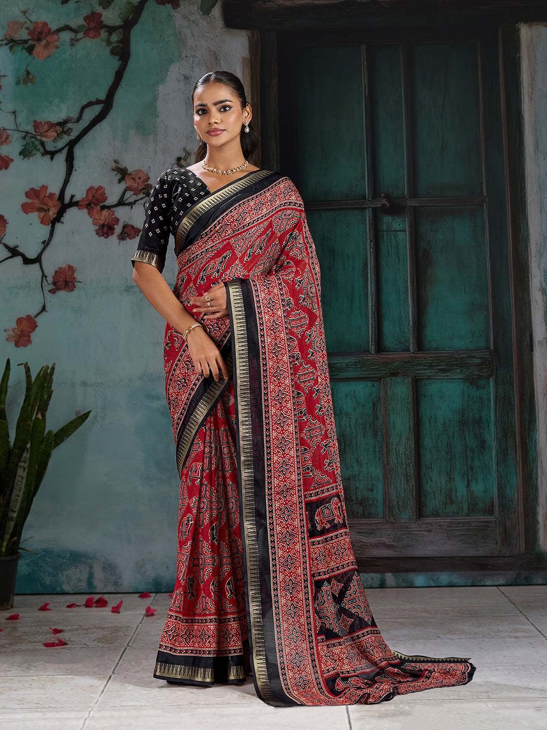 Dwija Fashion Red Printed Marshmallow Festive Saree With Blouse