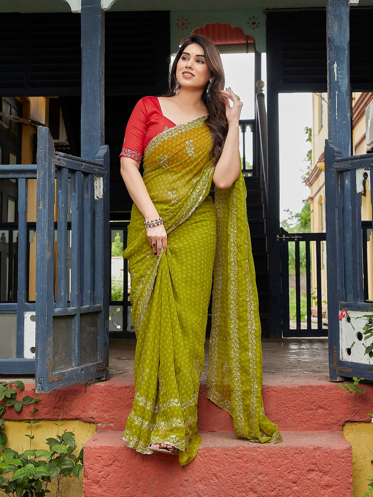 Dwija Fashion Green Party Wear Embroidered Georgette Saree With Unstitched Blouse