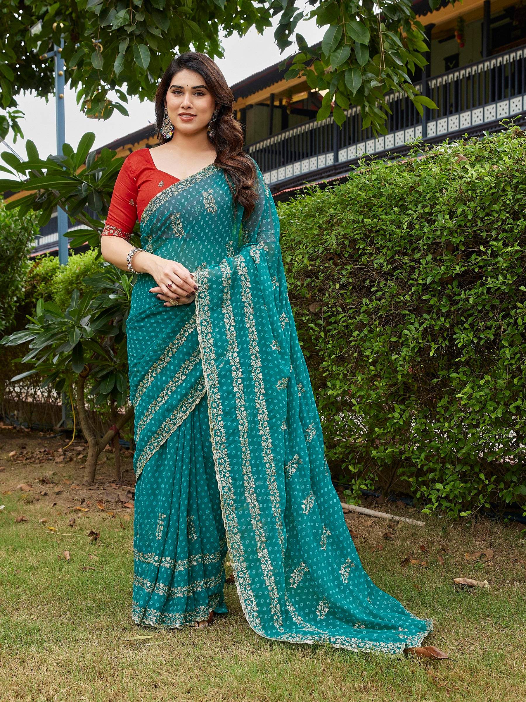 Dwija Fashion Sky Blue Party Wear Embroidered Georgette Saree With Unstitched Blouse - Dista