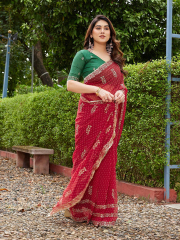 Dwija Fashion Red Party Wear Embroidered Georgette Saree With Unstitched Blouse - Dista