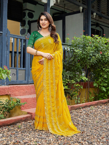 Dwija Fashion Yellow Party Wear Embroidered Georgette Saree With Unstitched Blouse - Dista