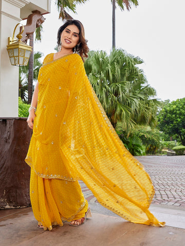Dwija Fashion Yellow Party Wear Embroidered Georgette Saree With Unstitched Blouse - Dista
