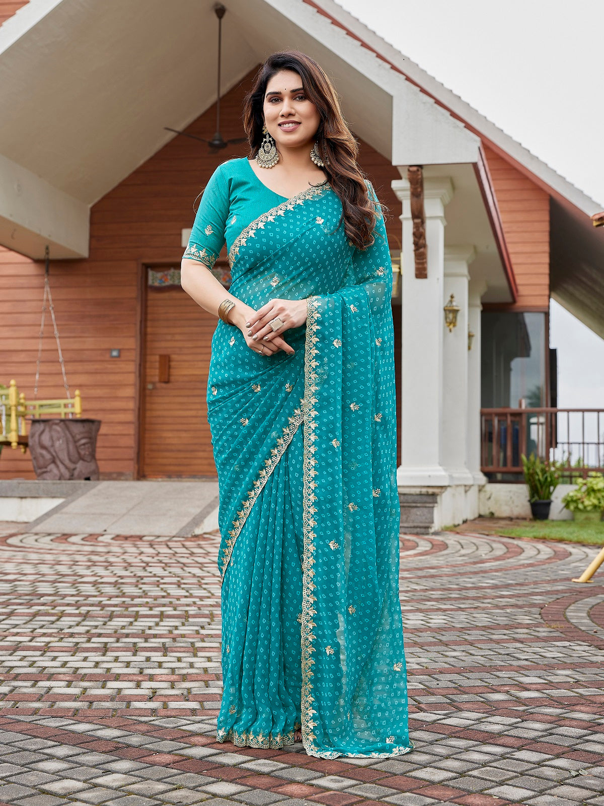 Dwija Fashion Turquoise Blue Party Wear Embroidered Georgette Saree With Unstitched Blouse